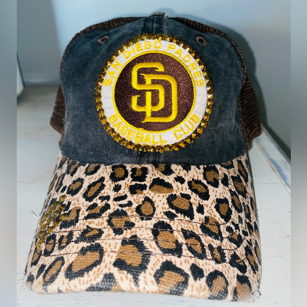 San Diego Bling Rhinestone Padres Custom Leopard Print Cap